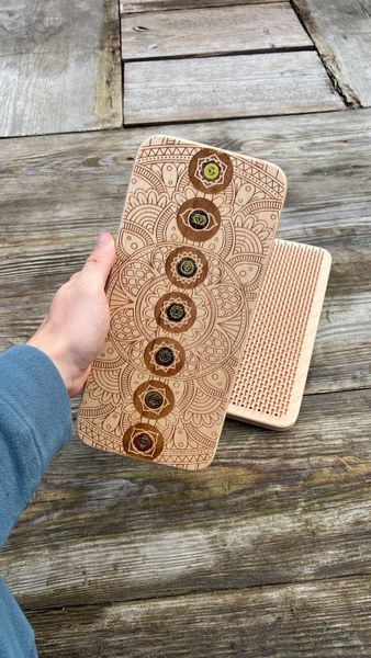 Rectangular exclusive white sadhu board with inserted chakra crystals Design |№kristal5| the nails are galvanized, the distance between the nails is 8 mm