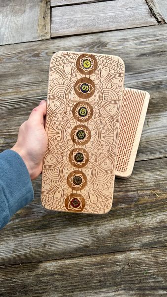 Rectangular exclusive white sadhu board with inserted chakra crystals Design |№kristal5| the nails are galvanized, the distance between the nails is 8 mm