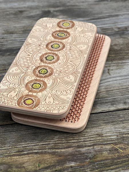 Rectangular exclusive white sadhu board with inserted chakra crystals Design |№kristal5| the nails are galvanized, the distance between the nails is 8 mm