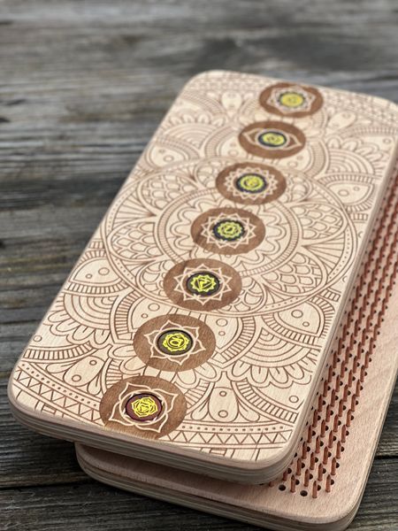 Rectangular exclusive white sadhu board with inserted chakra crystals Design |№kristal5| the nails are galvanized, the distance between the nails is 8 mm